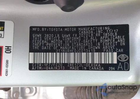 2018 Toyota Corolla Se from USA, damaged, VIN 2T1BURHE0JC013419